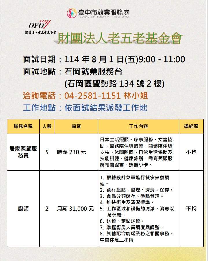 【單一徵才】財團法人老五老基金會